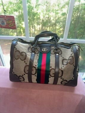 Designer-Inspired GG Monogram Weekender Bag in Beige with Green & Red Stripe